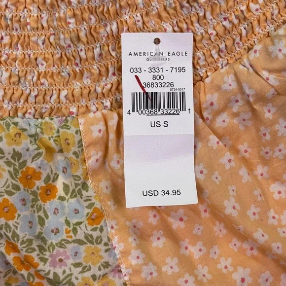 NWT American Eagle Women Shorts S Orange Floral Patchwork Smocked Waist 7195-800 - Picture 10 of 11
